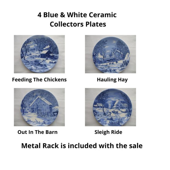 4 Blue & white Cramic Wall Plates With Rack - Picture 1 of 4